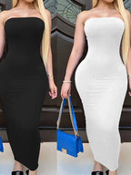 Vestido de mujer primavera verano Color sólido Sexy sin mangas envuelto en el pecho vestido de playa largo - VibraStore