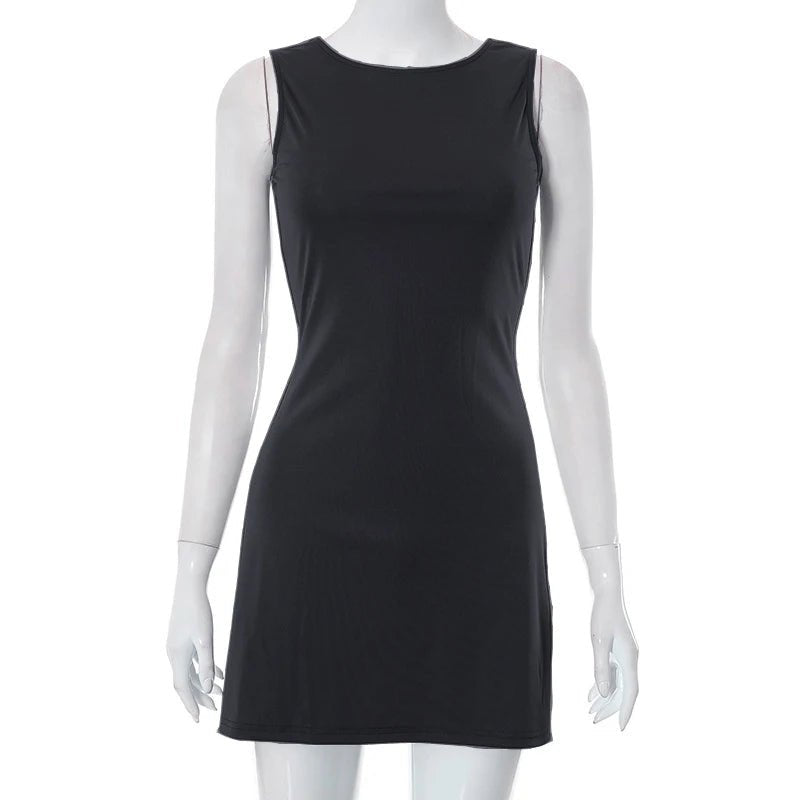 Vestido de mujer sin mangas de punto ajustado A - Line femenino cuello redondo Mini vestidos sin siete vaina 2024 ropa de verano ropa de calle Y2K Qtraf2411 - VibraStore