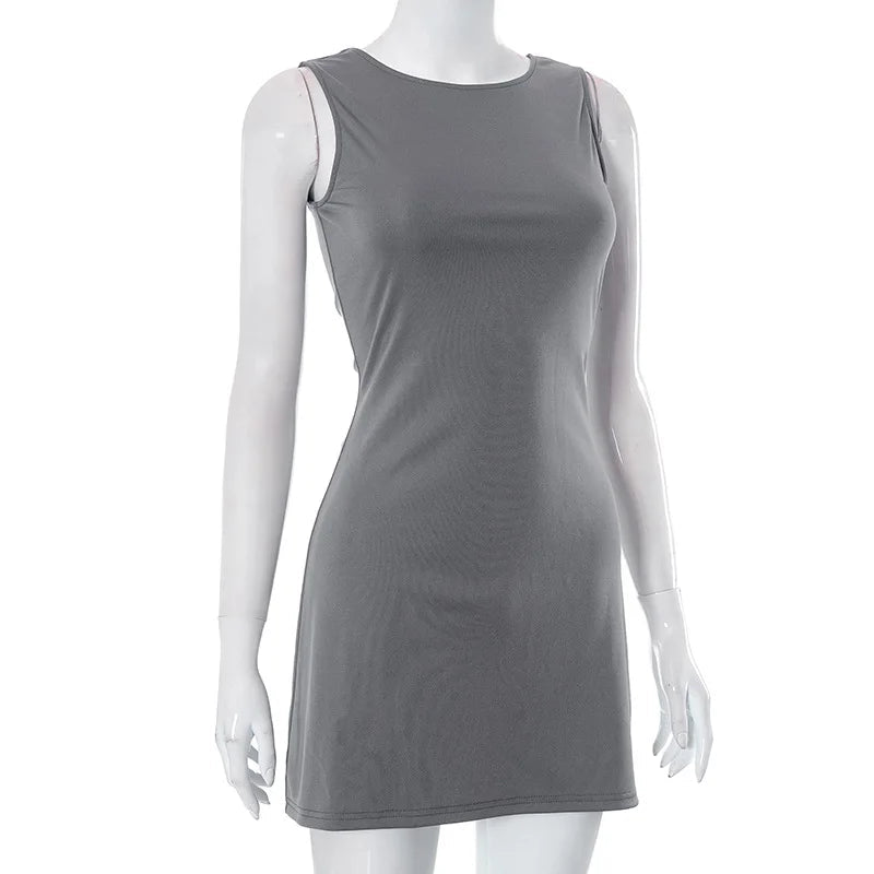 Vestido de mujer sin mangas de punto ajustado A - Line femenino cuello redondo Mini vestidos sin siete vaina 2024 ropa de verano ropa de calle Y2K Qtraf2411 - VibraStore