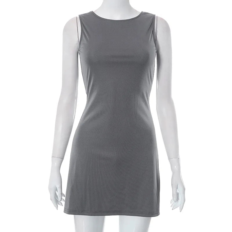 Vestido de mujer sin mangas de punto ajustado A - Line femenino cuello redondo Mini vestidos sin siete vaina 2024 ropa de verano ropa de calle Y2K Qtraf2411 - VibraStore