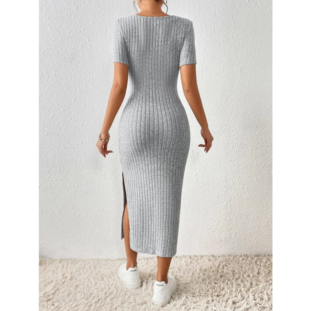 Vestido de punto estilo Primavera Verano para mujer, pantalón corto informal de manga con cuello cuadrado y abertura lateral - VibraStore