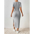 Vestido de punto estilo Primavera Verano para mujer, pantalón corto informal de manga con cuello cuadrado y abertura lateral - VibraStore