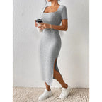 Vestido de punto estilo Primavera Verano para mujer, pantalón corto informal de manga con cuello cuadrado y abertura lateral - VibraStore