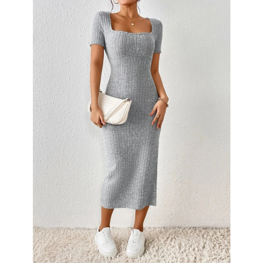 Vestido de punto estilo Primavera Verano para mujer, pantalón corto informal de manga con cuello cuadrado y abertura lateral - VibraStore