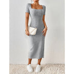 Vestido de punto estilo Primavera Verano para mujer, pantalón corto informal de manga con cuello cuadrado y abertura lateral - VibraStore