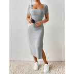 Vestido de punto estilo Primavera Verano para mujer, pantalón corto informal de manga con cuello cuadrado y abertura lateral - VibraStore
