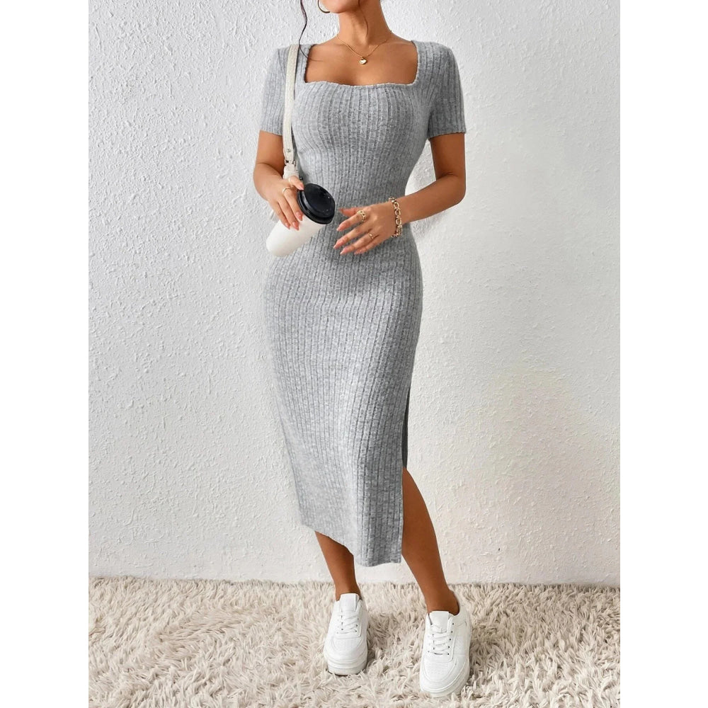 Vestido de punto estilo Primavera Verano para mujer, pantalón corto informal de manga con cuello cuadrado y abertura lateral - VibraStore
