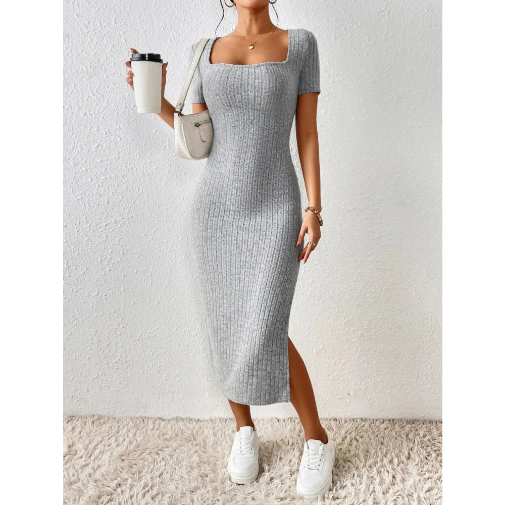 Vestido de punto estilo Primavera Verano para mujer, pantalón corto informal de manga con cuello cuadrado y abertura lateral - VibraStore