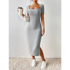 Vestido de punto estilo Primavera Verano para mujer, pantalón corto informal de manga con cuello cuadrado y abertura lateral - VibraStore