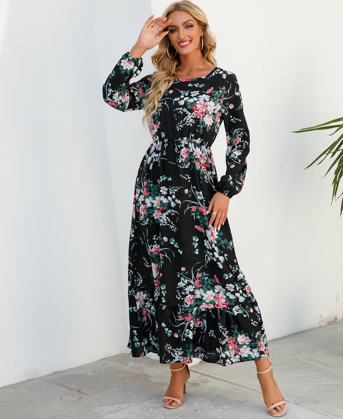 Vestido largo de gasa con estampado Floral para mujer, maxivestido bohemio informal de manga larga, cintura alta para playa, otoño - VibraStore