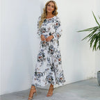 Vestido largo de gasa con estampado Floral para mujer, maxivestido bohemio informal de manga larga, cintura alta para playa, otoño - VibraStore