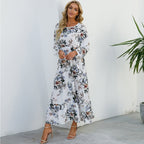 Vestido largo de gasa con estampado Floral para mujer, maxivestido bohemio informal de manga larga, cintura alta para playa, otoño - VibraStore