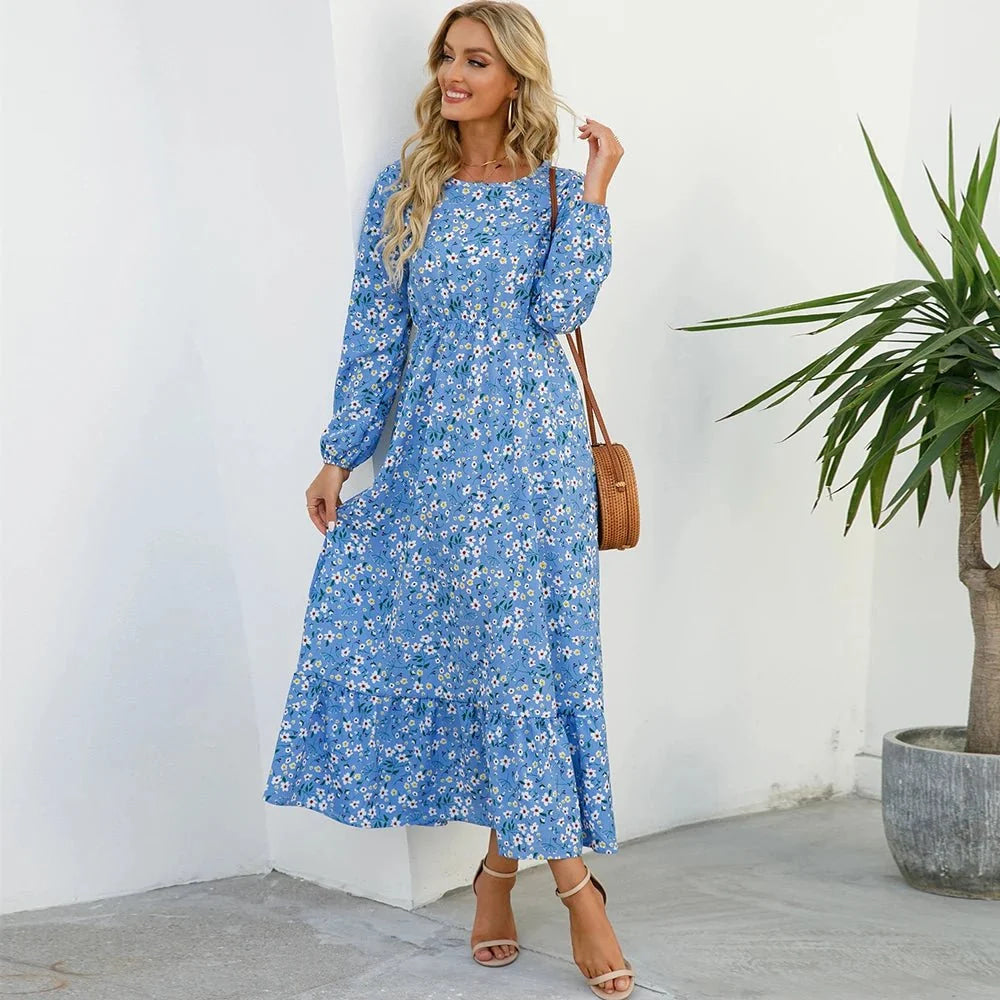 Vestido largo de gasa con estampado Floral para mujer, maxivestido bohemio informal de manga larga, cintura alta para playa, otoño - VibraStore