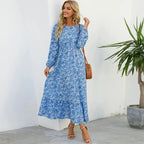 Vestido largo de gasa con estampado Floral para mujer, maxivestido bohemio informal de manga larga, cintura alta para playa, otoño - VibraStore