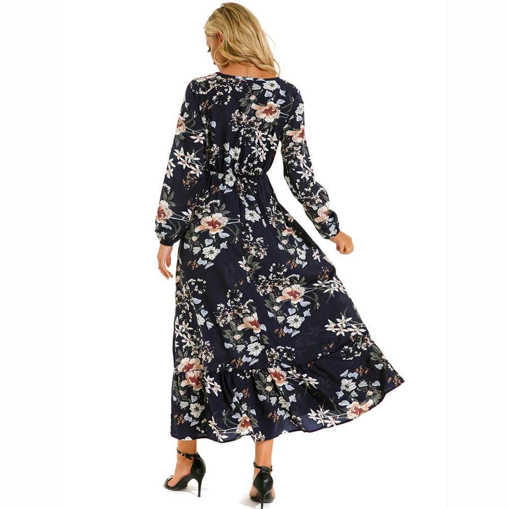 Vestido largo de gasa con estampado Floral para mujer, maxivestido bohemio informal de manga larga, cintura alta para playa, otoño - VibraStore