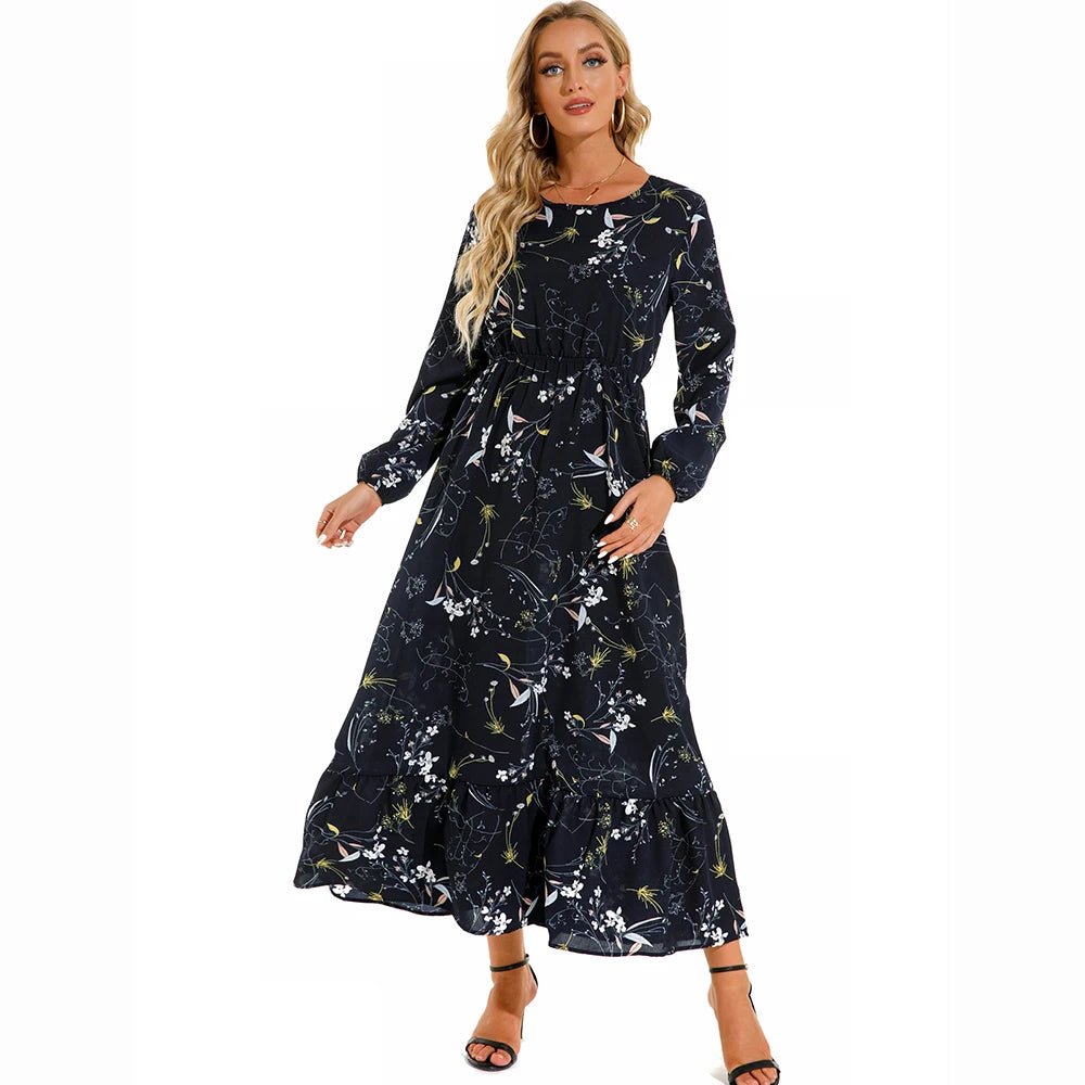 Vestido largo de gasa con estampado Floral para mujer, maxivestido bohemio informal de manga larga, cintura alta para playa, otoño - VibraStore
