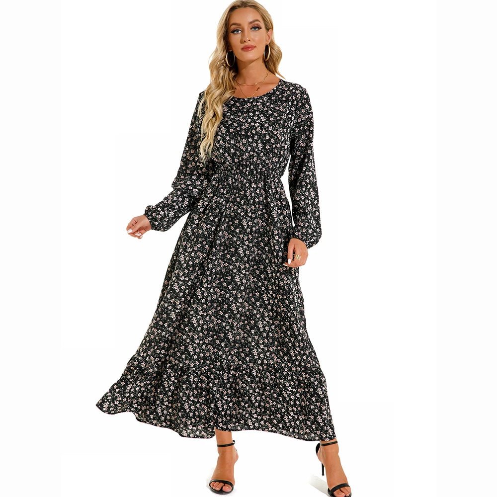 Vestido largo de gasa con estampado Floral para mujer, maxivestido bohemio informal de manga larga, cintura alta para playa, otoño - VibraStore