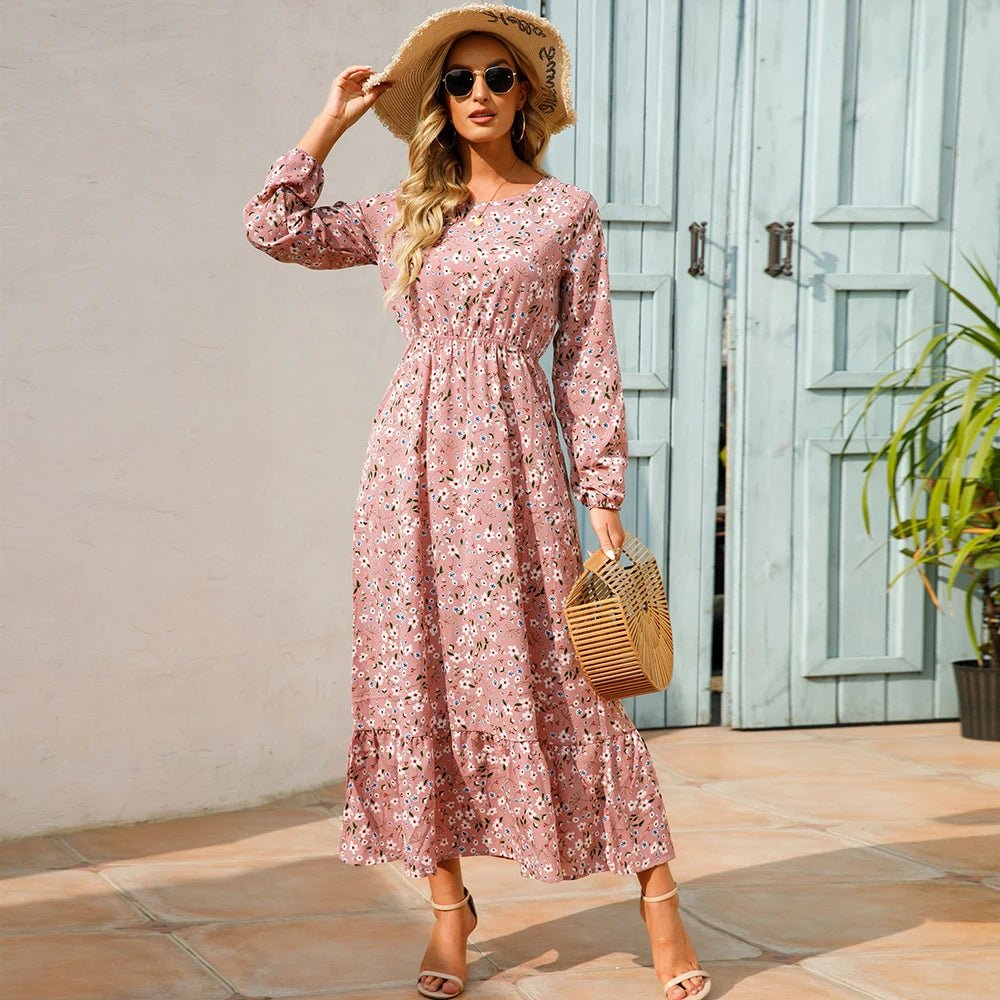 Vestido largo de gasa con estampado Floral para mujer, maxivestido bohemio informal de manga larga, cintura alta para playa, otoño - VibraStore