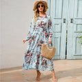 Vestido largo de gasa con estampado Floral para mujer, maxivestido bohemio informal de manga larga, cintura alta para playa, otoño - VibraStore