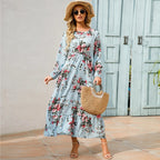 Vestido largo de gasa con estampado Floral para mujer, maxivestido bohemio informal de manga larga, cintura alta para playa, otoño - VibraStore