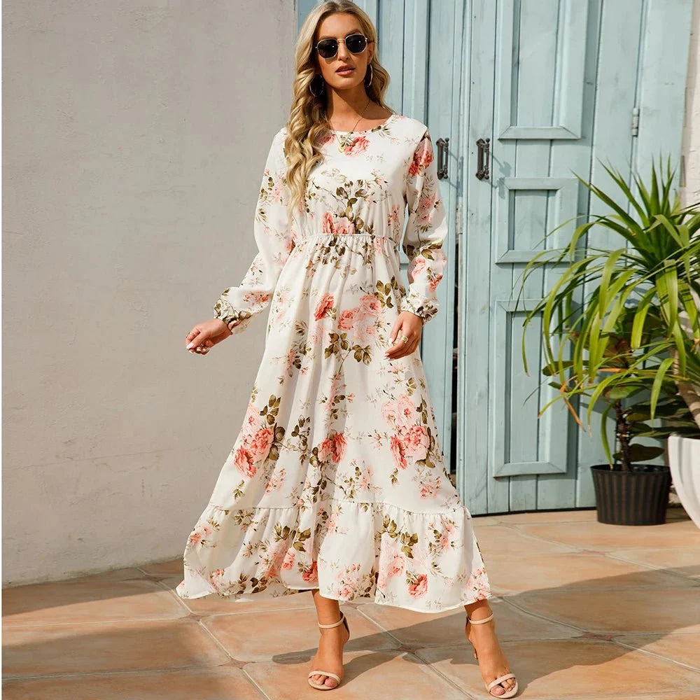 Vestido largo de gasa con estampado Floral para mujer, maxivestido bohemio informal de manga larga, cintura alta para playa, otoño - VibraStore