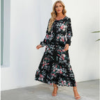 Vestido largo de gasa con estampado Floral para mujer, maxivestido bohemio informal de manga larga, cintura alta para playa, otoño - VibraStore
