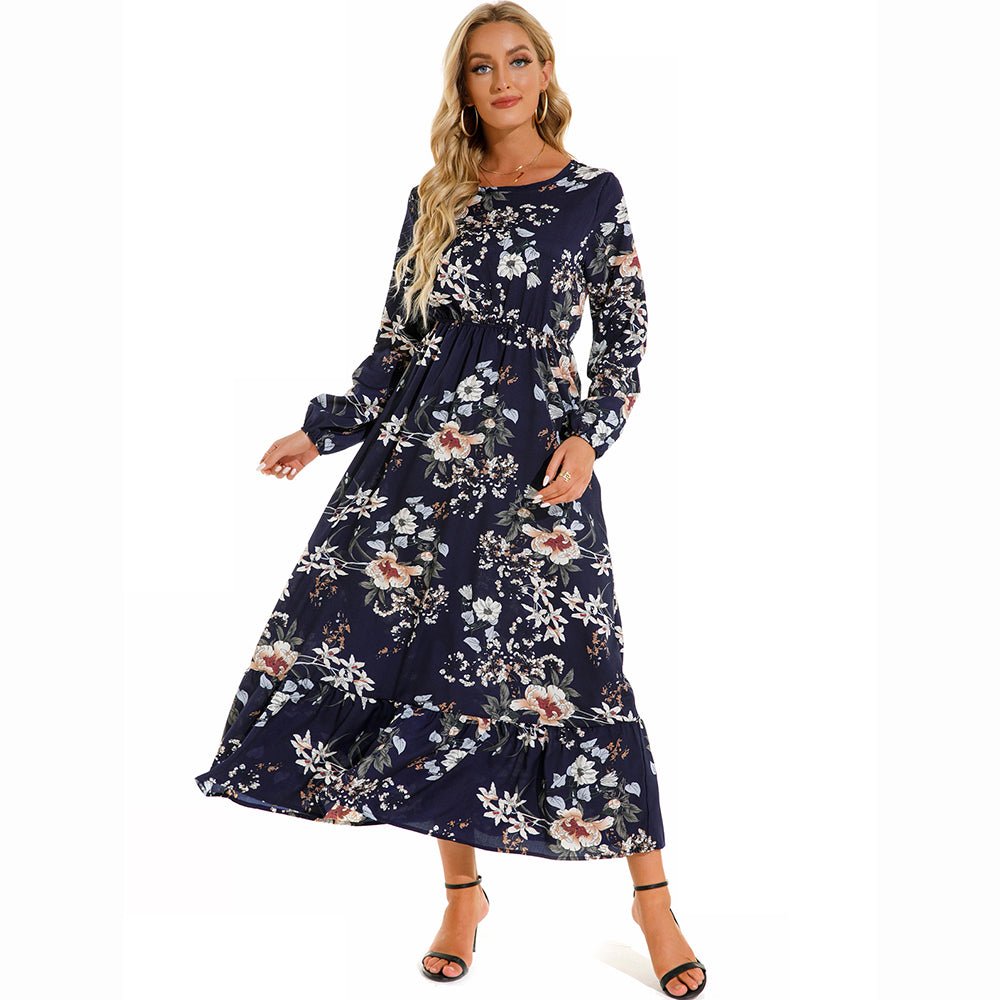 Vestido largo de gasa con estampado Floral para mujer, maxivestido bohemio informal de manga larga, cintura alta para playa, otoño - VibraStore