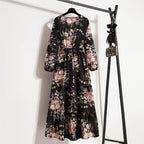 Vestido largo de gasa con estampado Floral para mujer, maxivestido bohemio informal de manga larga, cintura alta para playa, otoño - VibraStore