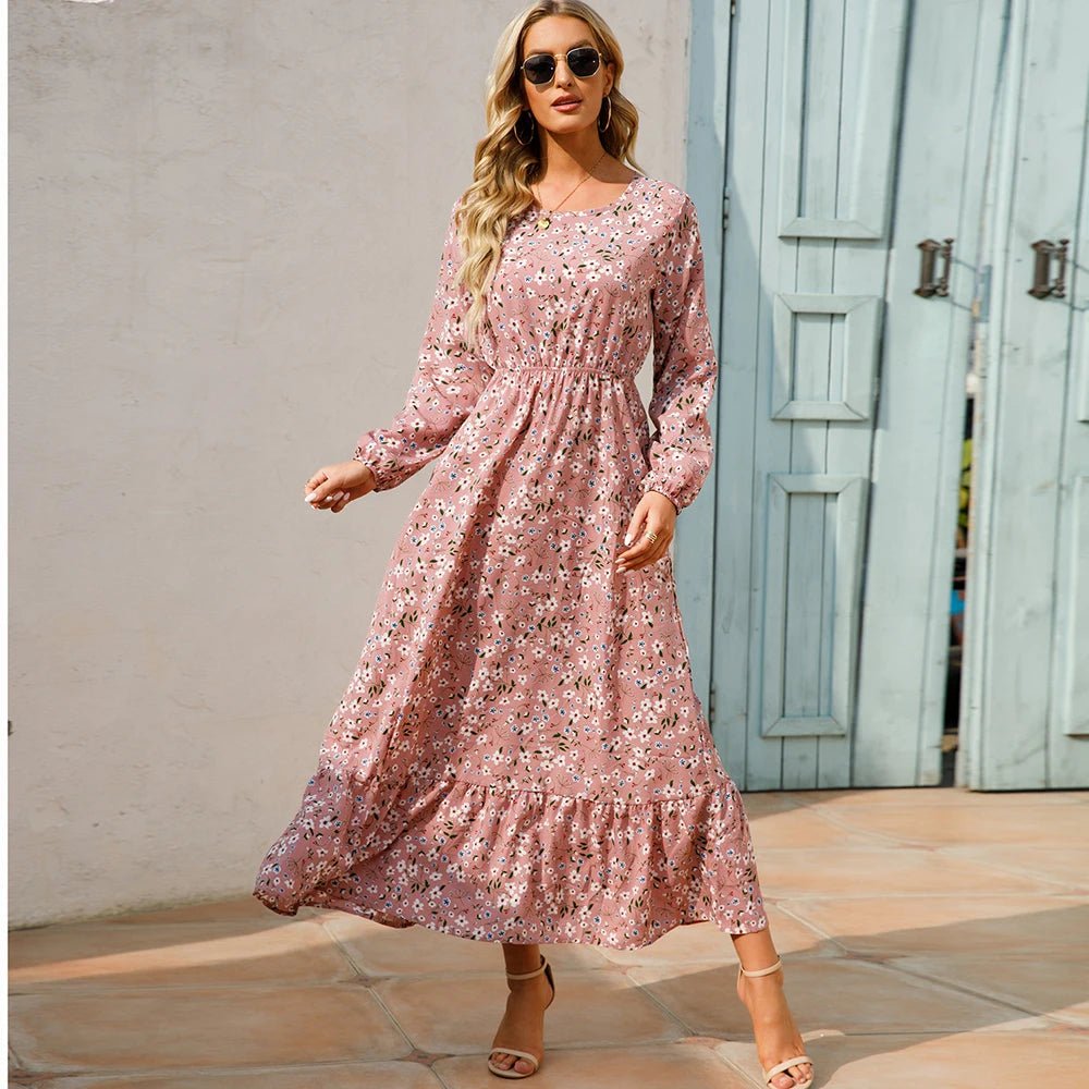 Vestido largo de gasa con estampado Floral para mujer, maxivestido bohemio informal de manga larga, cintura alta para playa, otoño - VibraStore