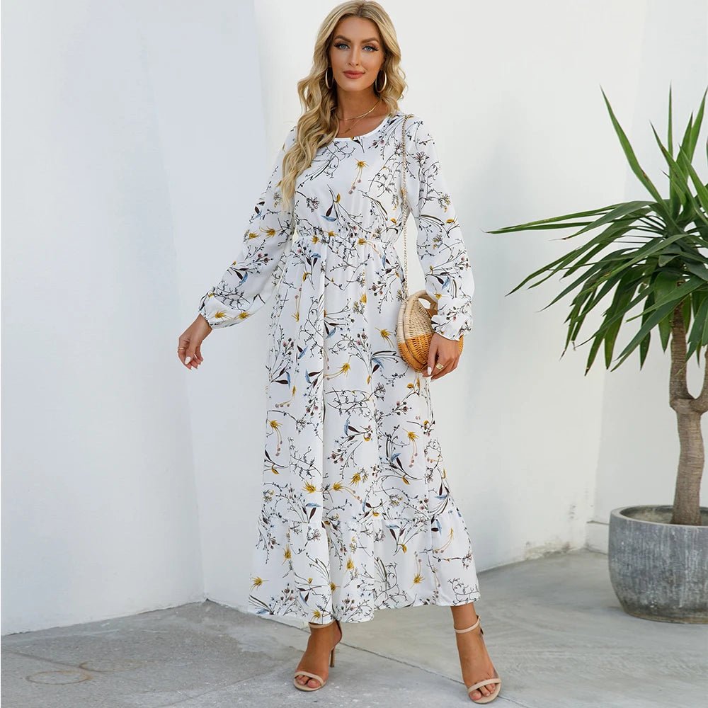 Vestido largo de gasa con estampado Floral para mujer, maxivestido bohemio informal de manga larga, cintura alta para playa, otoño - VibraStore