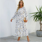 Vestido largo de gasa con estampado Floral para mujer, maxivestido bohemio informal de manga larga, cintura alta para playa, otoño - VibraStore