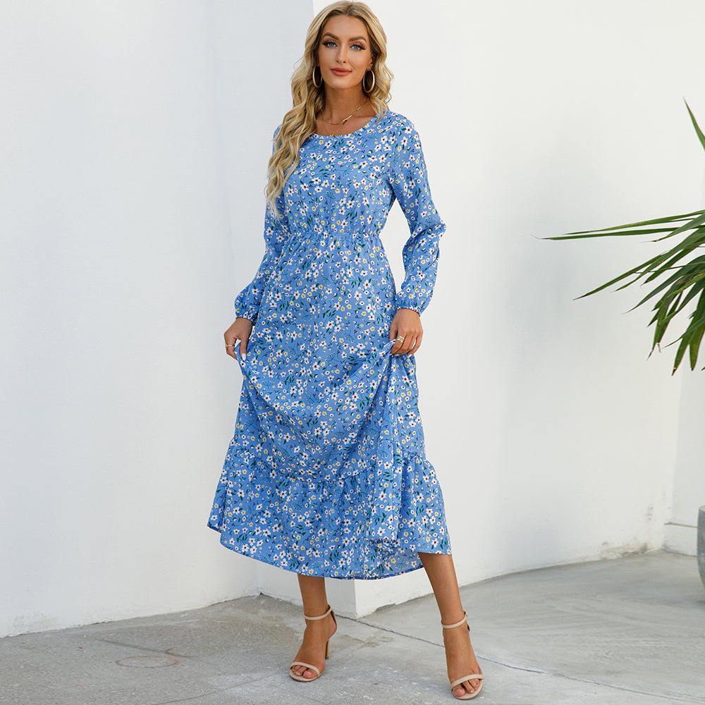 Vestido largo de gasa con estampado Floral para mujer, maxivestido bohemio informal de manga larga, cintura alta para playa, otoño - VibraStore