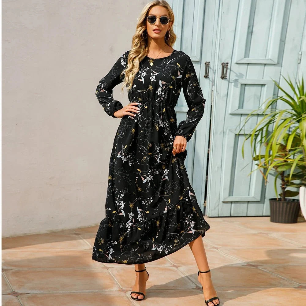 Vestido largo de gasa con estampado Floral para mujer, maxivestido bohemio informal de manga larga, cintura alta para playa, otoño - VibraStore