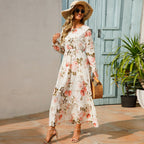 Vestido largo de gasa con estampado Floral para mujer, maxivestido bohemio informal de manga larga, cintura alta para playa, otoño - VibraStore