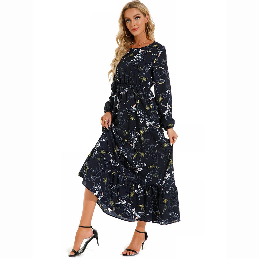 Vestido largo de gasa con estampado Floral para mujer, maxivestido bohemio informal de manga larga, cintura alta para playa, otoño - VibraStore