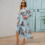 Vestido largo de gasa con estampado Floral para mujer, maxivestido bohemio informal de manga larga, cintura alta para playa, otoño - VibraStore