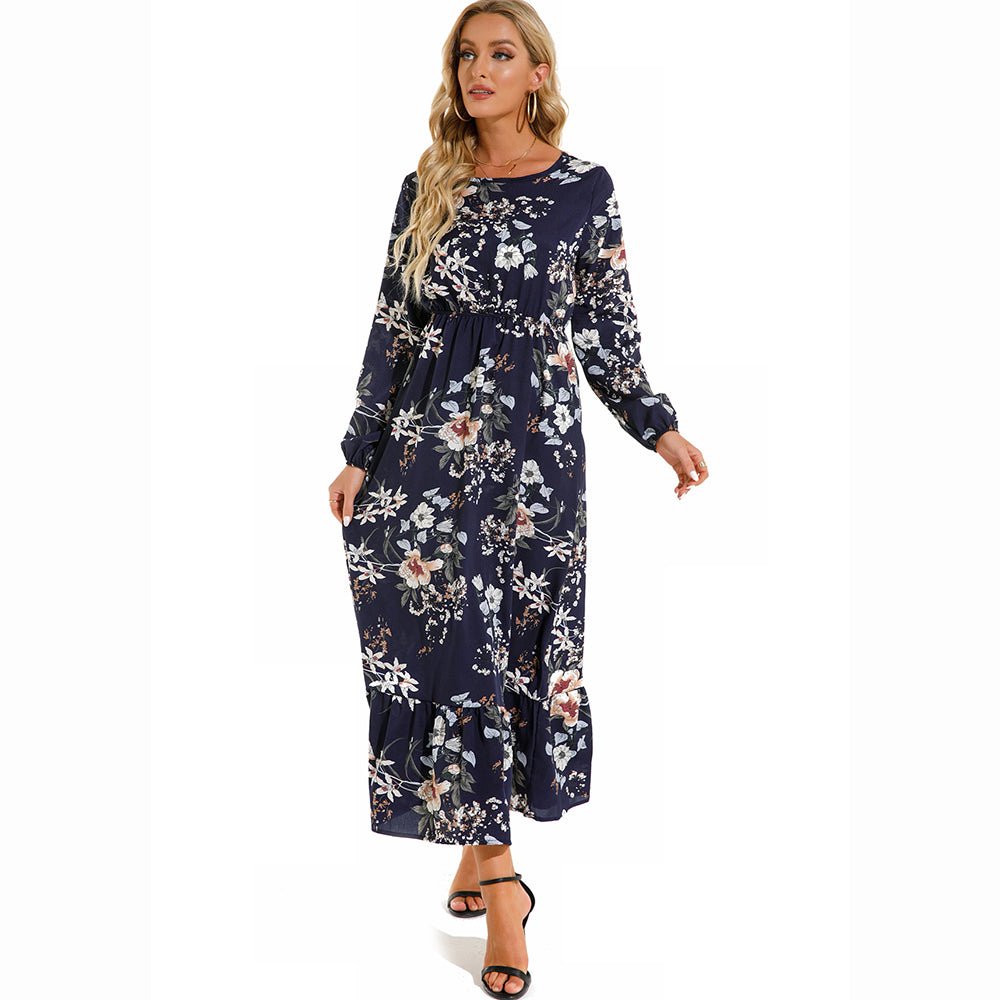 Vestido largo de gasa con estampado Floral para mujer, maxivestido bohemio informal de manga larga, cintura alta para playa, otoño - VibraStore