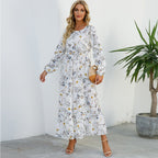 Vestido largo de gasa con estampado Floral para mujer, maxivestido bohemio informal de manga larga, cintura alta para playa, otoño - VibraStore