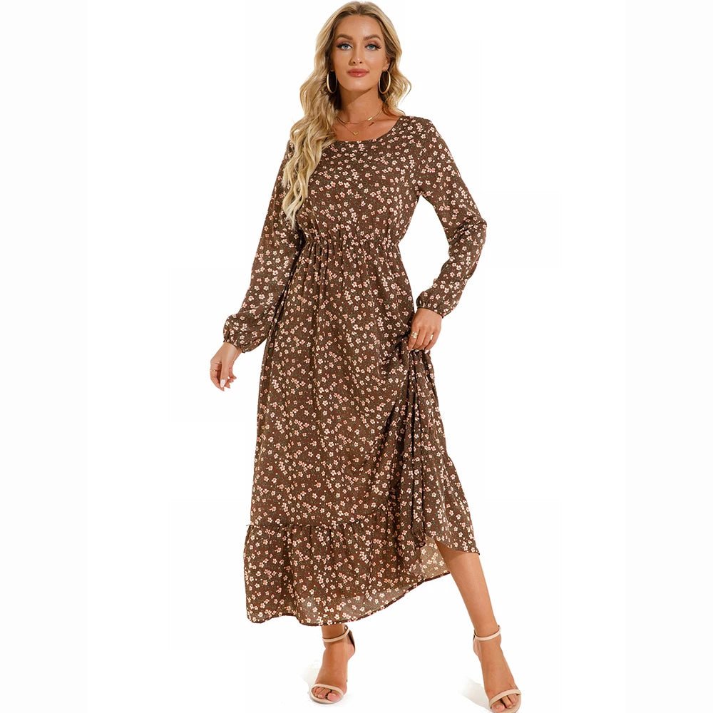 Vestido largo de gasa con estampado Floral para mujer, maxivestido bohemio informal de manga larga, cintura alta para playa, otoño - VibraStore