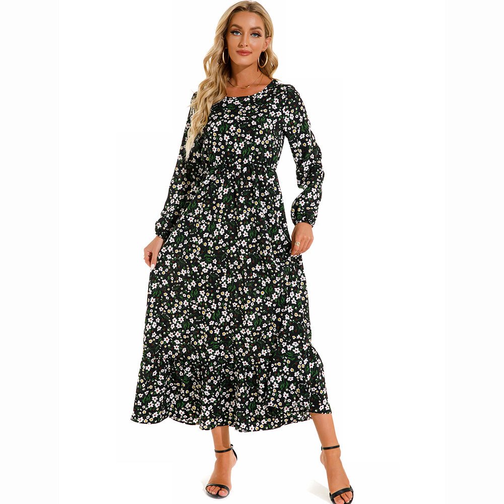 Vestido largo de gasa con estampado Floral para mujer, maxivestido bohemio informal de manga larga, cintura alta para playa, otoño - VibraStore