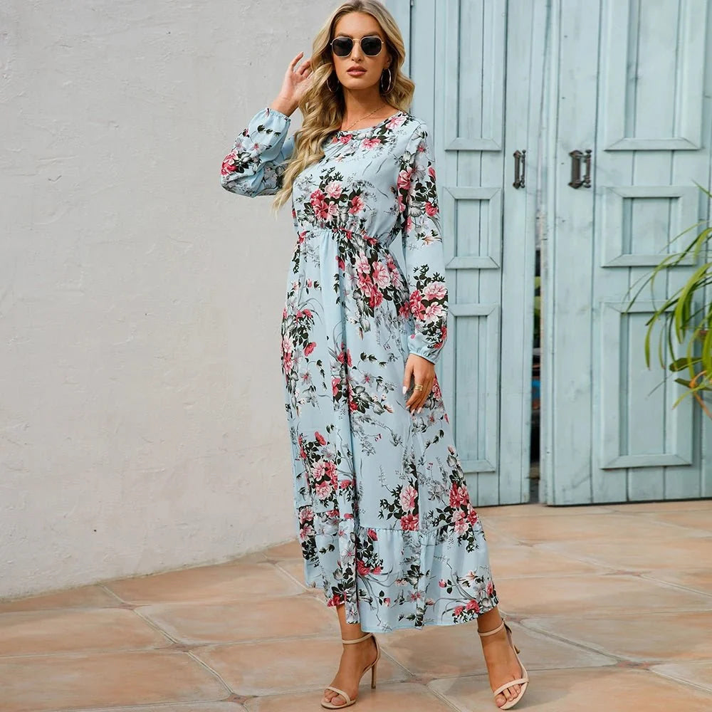 Vestido largo de gasa con estampado Floral para mujer, maxivestido bohemio informal de manga larga, cintura alta para playa, otoño - VibraStore