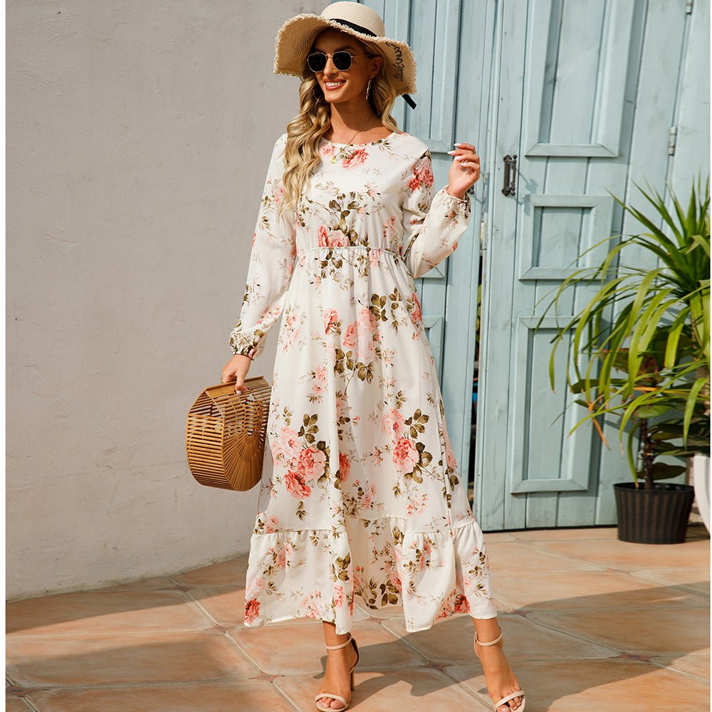 Vestido largo de gasa con estampado Floral para mujer, maxivestido bohemio informal de manga larga, cintura alta para playa, otoño - VibraStore