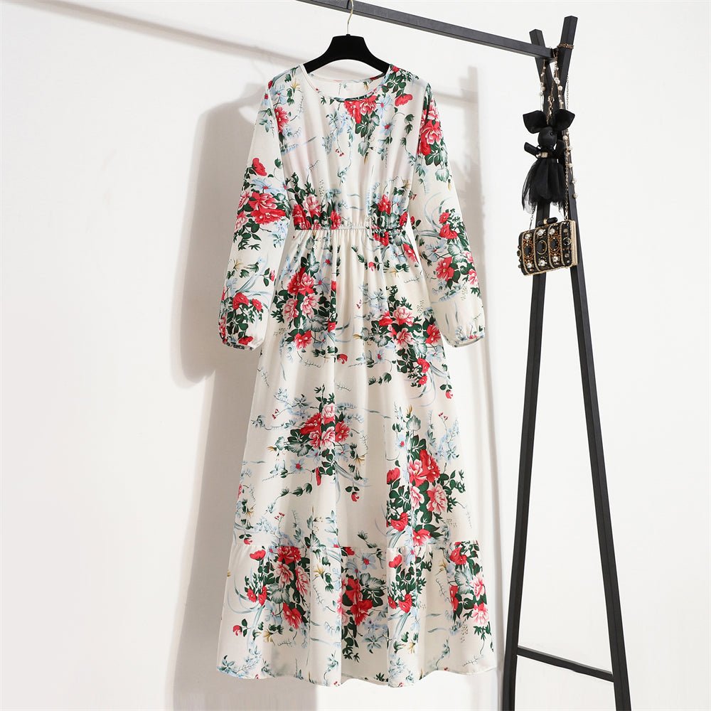 Vestido largo de gasa con estampado Floral para mujer, maxivestido bohemio informal de manga larga, cintura alta para playa, otoño - VibraStore