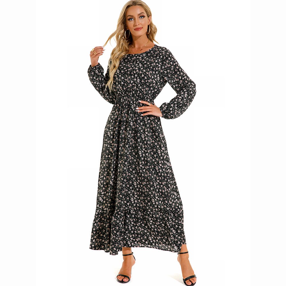 Vestido largo de gasa con estampado Floral para mujer, maxivestido bohemio informal de manga larga, cintura alta para playa, otoño - VibraStore