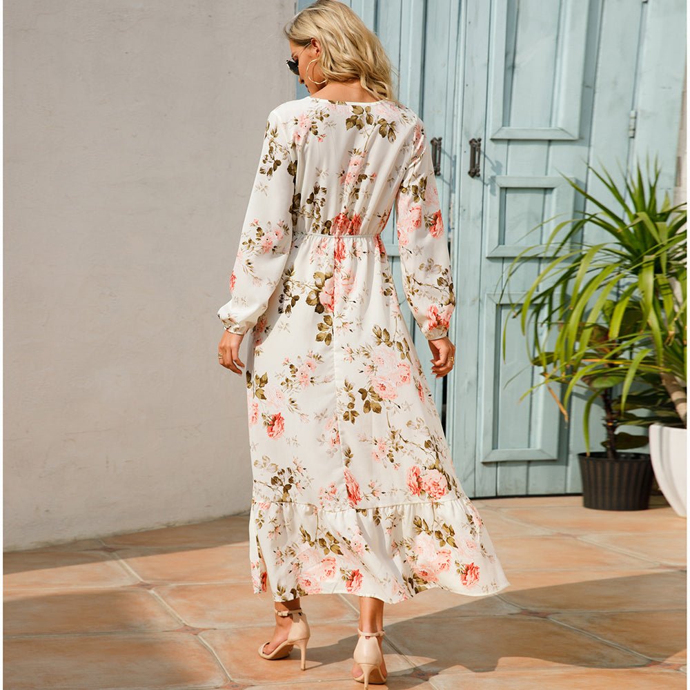 Vestido largo de gasa con estampado Floral para mujer, maxivestido bohemio informal de manga larga, cintura alta para playa, otoño - VibraStore
