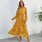 Vestido largo de gasa con estampado Floral para mujer, maxivestido bohemio informal de manga larga, cintura alta para playa, otoño - VibraStore