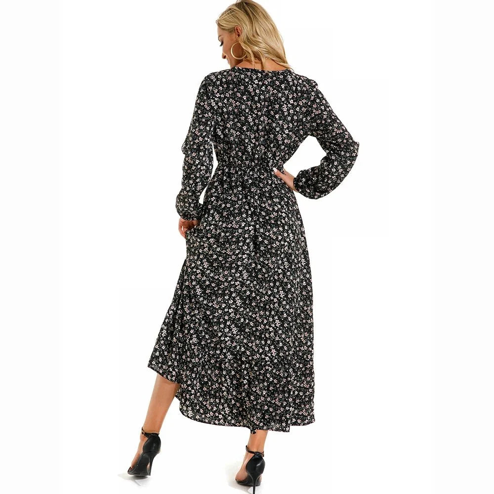 Vestido largo de gasa con estampado Floral para mujer, maxivestido bohemio informal de manga larga, cintura alta para playa, otoño - VibraStore