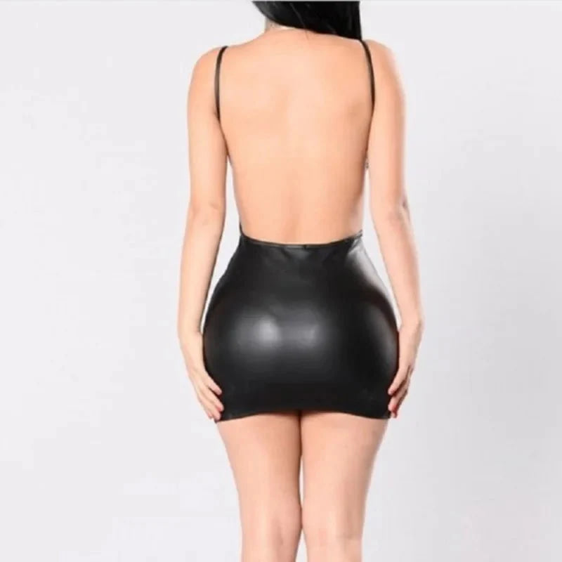 Vestido Sexy de cuero PU con espalda descubierta para fiesta y Club, Vestido corto negro liso, minivestido ajustado con realce, traje de noche, vestido de mujer a la moda - VibraStore