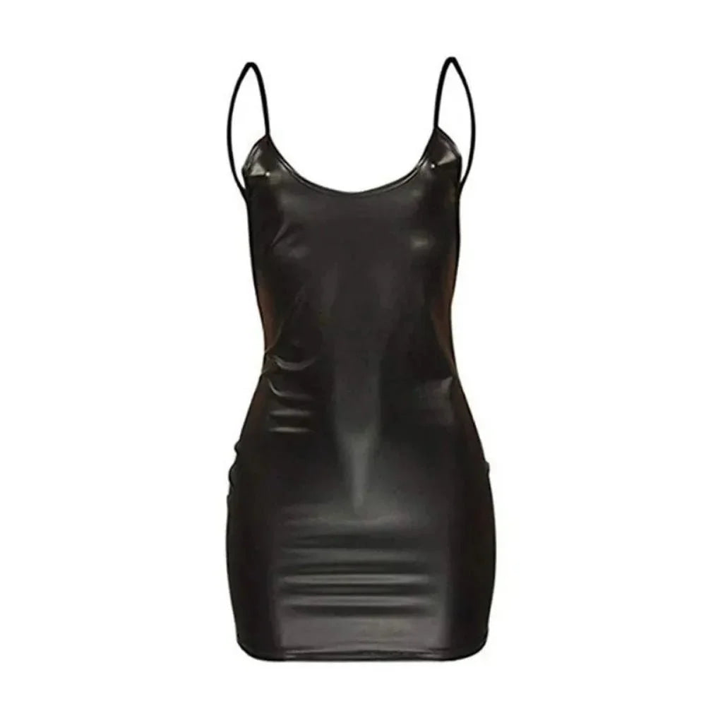 Vestido Sexy de piel sintética con espalda descubierta para fiesta y discoteca, Vestido corto liso negro con aspecto húmedo, ceñido al cuerpo de látex, sujetador de realce, Mini Micro vestido - VibraStore