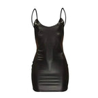 Vestido Sexy de piel sintética con espalda descubierta para fiesta y discoteca, Vestido corto liso negro con aspecto húmedo, ceñido al cuerpo de látex, sujetador de realce, Mini Micro vestido - VibraStore